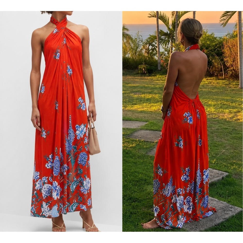 Cara Cara Floral Maxi Dress Red Womens XL Halter Backless Viscose Hydrangea